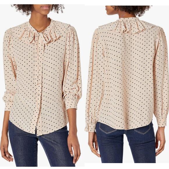 The Kooples Top 2 Pink Black Frilly Polka Dot Mod Retro Preppy Classic Silk - Picture 1 of 12